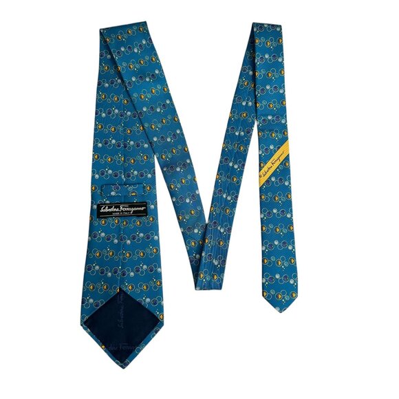 Salvatore Ferragamo Silk Neck Tie Goldfish Bubbles Pattern Teal Men's Neckwear - Picture 10 of 12